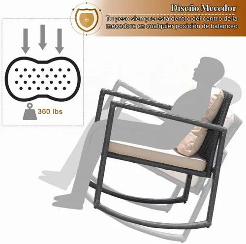 Vista 8 de Tangkula Juego de 3 mecedoras de mimbre para patio, mecedoras al aire libre y mesa con cojines, mesa de centro de cristal con estante de Beige