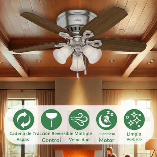 Vista 3 de Hunter Constructor, para interiores, ventilador de techo, cadena de tracción, 42 pulgadas, níquel cepillado con luces LED, montaje empotrado