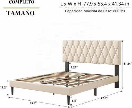 Vista 2 de CXVX Marco de cama tamaño completo con cabecera capitonada de diamante, cama plataforma tapizada en terciopelo y soporte de listones de madera, sin