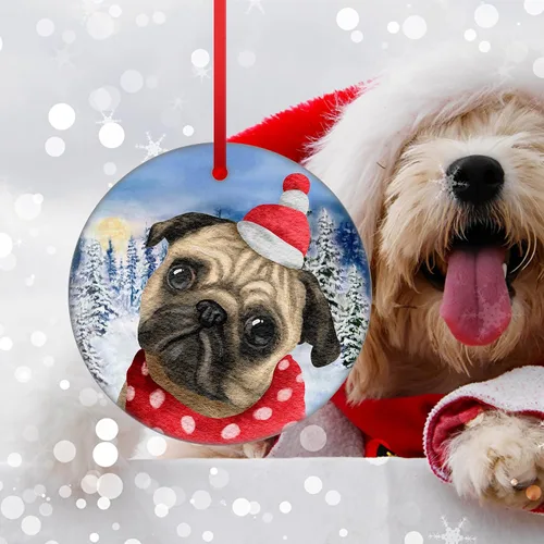 Vista 3 de Adorno de Navidad para perro carlino, árbol de porcelana, regalo de Papá Noel 2023 para la primera bienvenida al hogar del perro para decoraciones