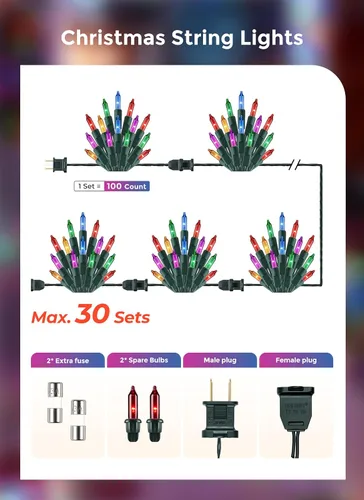 Vista 5 de Minetom Guirnalda de luces de Navidad transparentes, 100 unidades, 20 pies Alambre multicolor-verde