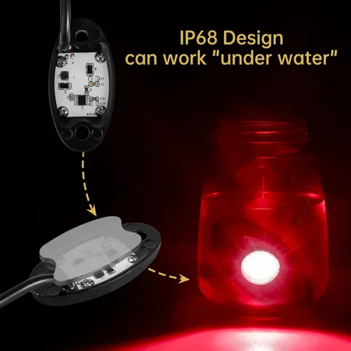 Vista 3 de 4 cápsulas de luces LED de rock, luces de roca rojas impermeables IP68, luces de neón subterráneas compatibles con Jeep, todoterreno, camionetas Rojo