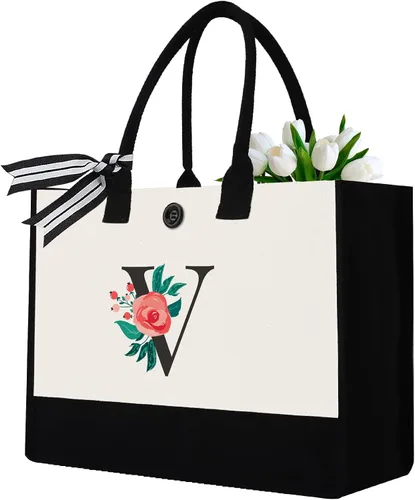 Vista 16 de Initial Canvas Tote Bag, Monogrammed Tote Bags Suitable for Mother's Day Wedding Beach
