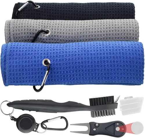 Vista 8 de Kit de accesorios de golf - Toalla de golf de microfibra con patrón de gofre y clip, cepillo limpiador de ranuras para palos con clip, herramienta