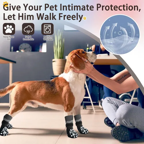 Vista 2 de BINGPET 6 calcetines para perros para evitar lamer patas con agarres para suelos de madera dura, antideslizantes, zapatos de invierno para mascotas