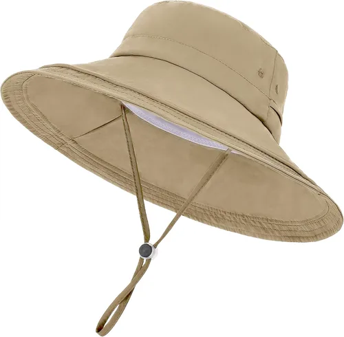 Vista 8 de Sombrero de ala ancha impermeable UPF 50+ para mujer con agujero para cola Camello
