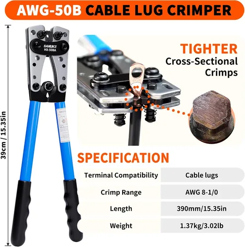 Vista 2 de Sanuke Kit de herramientas de crimpado de cables de batería con cortador de cables, engarzadora de alambre de cobre para AWG 8-1/0, 12 terminales