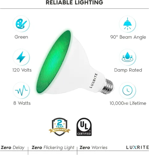 Vista 7 de LUXRITE Bombilla LED PAR38 verde de inundación, 8 W (equivalente a 45 W), bombilla LED verde de inundación, clasificación húmeda, certificación UL