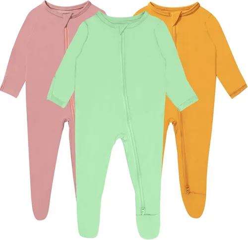 Vista 11 de Pijamas de bebé para niño con pies y puños, hechos de rayón de bambú, con cierre de dos vías y manga larga Celadon-aqua Green-pail Lila