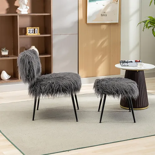 Vista 4 de Silla decorativa Saucer con butacas otomanas para Sala Modernas, silla de ocio para sala de estar, silla auxiliar con piel artificial larga para Gris
