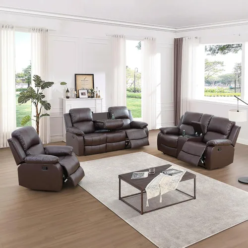 Vista 9 de Juego de sofá reclinable manual, muebles de cuero regenerado para sala de estar, sofás reclinables de cuero con portavasos, consola