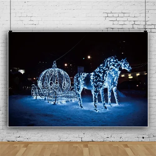 Vista 2 de Yeele Fondo de fotografía de carruaje de calabaza de 12 x 8 pies, luces de ensueño, caballos, noche de nieve, fondo fotográfico para princesa