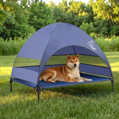 Vista 11 de Cama elevada mejorada para perros con toldo, cama elevada portátil para perros al aire libre con pies antideslizantes estables, cama para mascotas
