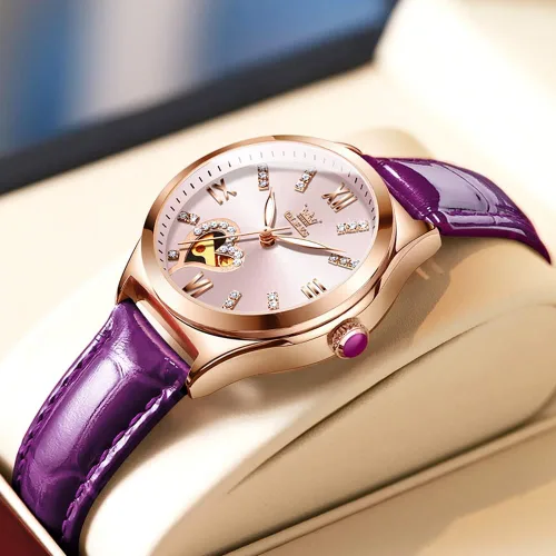 Vista 4 de OLEVS Reloj mecánico automático para mujer, correa de cuero, cuerda automática, reloj de pulsera para mujer, esfera de corazón de diamante