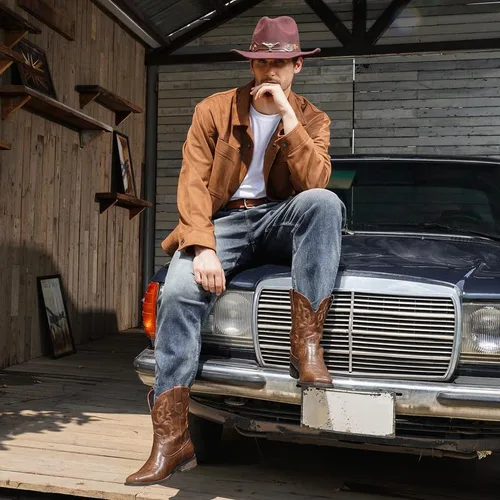 Vista 5 de Botas vaqueras para hombre Botas occidentales para hombre con bordado, antideslizantes, punta cuadrada, botas de tobillo de tacón grueso, duraderas