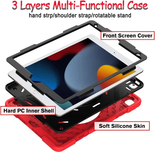 Vista 8 de BMOUO Funda para iPad de 9ª/8ª/7ª generación -10.2 pulgadas 2021/2020/2019 con protector de pantalla, soporte giratorio de 360º correa de mano