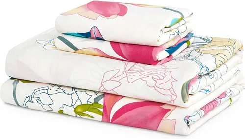 Vista 6 de Wake In Cloud - Sábanas florales, 100% algodón, juego de sábanas de 4 piezas, ropa de cama estética botánica bohemia con estampado de pájaros, Rosa