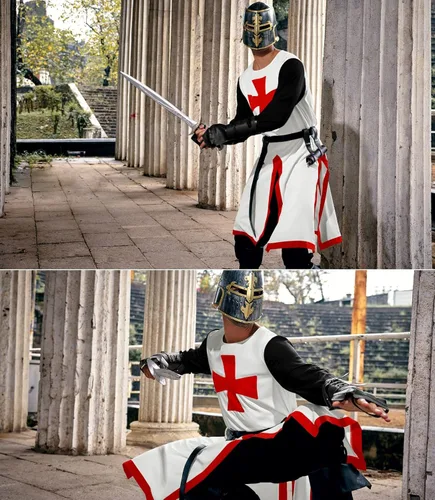 Vista 3 de Túnica medieval para hombre, disfraz de caballeros templarios de los cruzados, renacentista, Halloween, guerrero, capa negra de la peste negra