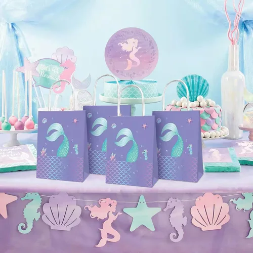 Vista 6 de YOMINY Bolsas de fiesta de sirena, 12 paquetes de bolsas de papel de regalo de sirena y bolsas de papel para fiesta temática de sirena, suministros