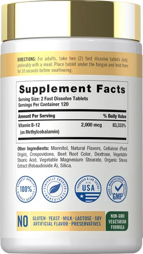 Vista 2 de Carlyle B12 Vitamina 2000 mcg 240 tabletas de disolución rápida Metilcobalamina sublingual Sabor a bayas Suplemento vegetariano, sin OMG