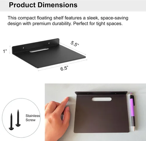 Vista 3 de Pequeño estante flotante – 0.118 in de grosor, 6.5 pulgadas, estante de pared de metal, estantes flotantes de metal para eco, cámaras, altavoz