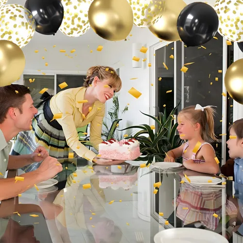 Vista 4 de Globos de confeti negro y dorado, paquete de 50 globos de látex metálicos y negros dorados para cumpleaños, graduación, aniversario, decoración