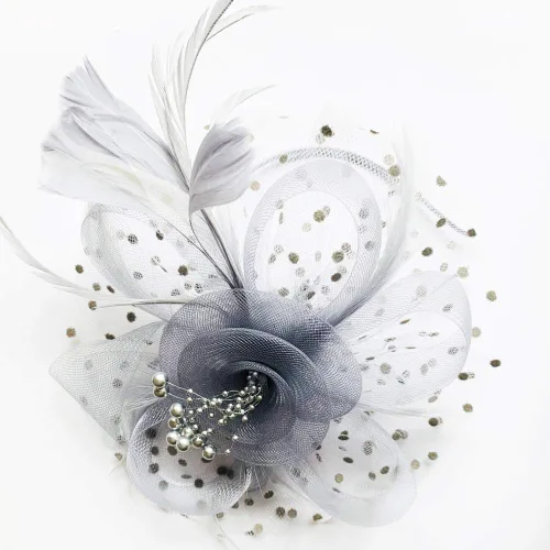 Vista 3 de Fascinators Diadema de cóctel Plumas Clip de pelo, con 1 par de guantes de encaje negro, gris (grey set), talla única