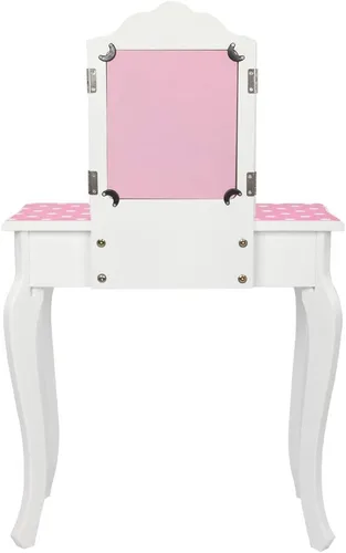 Vista 2 de ShyneeMakeup - Juego de tocador de madera de princesa con taburete acolchado, cajón, patas de madera y espejo, juego de maquillaje para niñas