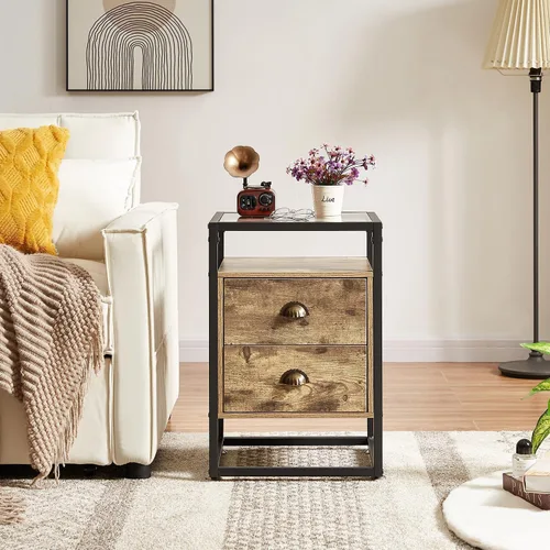 Vista 3 de VECELO Mesita de noche moderna con cajón, mesita de noche para sala de estar, dormitorio, vidrio templado, gris