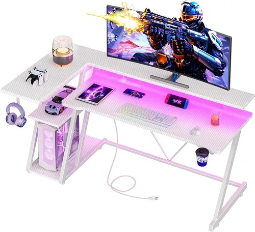 Vista 14 de Korfile Escritorio para juegos de 40 pulgadas con toma de corriente y luces LED, mesa de juegos para computadora en forma de L con estantes