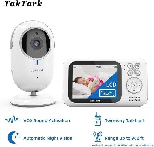 Vista 2 de TakTark Monitor de bebé, pantalla LCD a color de 3.2 pulgadas, audio de 2 vías, visión nocturna infrarroja, zoom digital, modo VOX, pantalla