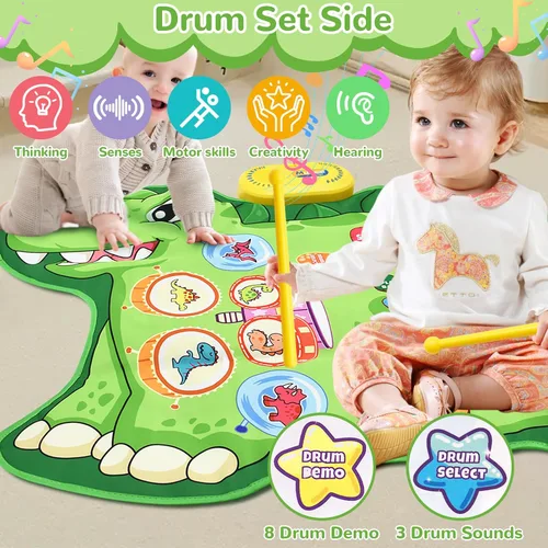 Vista 5 de Cyiecw Tapete musical de dinosaurio 3 en 1, tapete de piano para jugar, regalo para niñas de 1, 2 y 3 años, juguetes sensoriales de aprendizaje