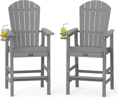 Vista 10 de VINGLI Silla Adirondack alta, silla Adirondack de plástico para todo tipo de clima con portavasos, taburetes de bar resistentes para exteriores Azul