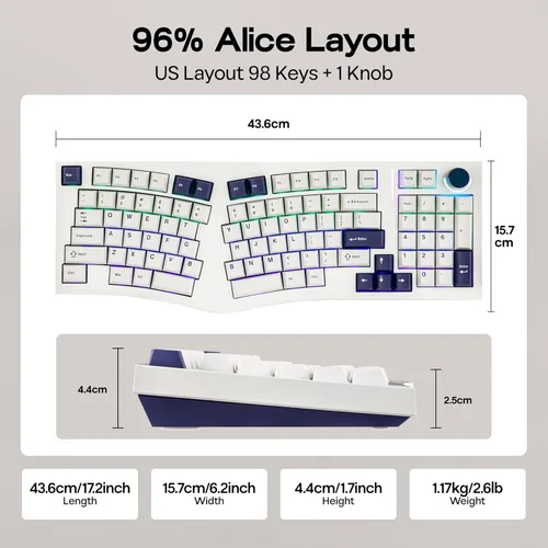Vista 4 de MechLands Feker Alice98 Teclado mecánico ergonómico personalizado de 98 teclas, VIA programable, teclado para juegos con cable USB-C, intercambiable