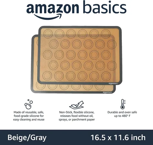 Vista 2 de Amazon Basics Alfombrilla de silicona para hornear macarons, antiadherente, apta para alimentos, 16.5 x 11.6 pulgadas, beige/gris, paquete de 2