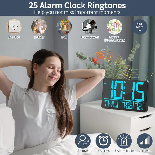Vista 2 de PERSUPER Reloj de pared digital de 13" con pantalla grande con control remoto, 25 melodías de alarma, temperatura, calendario, brillo automático