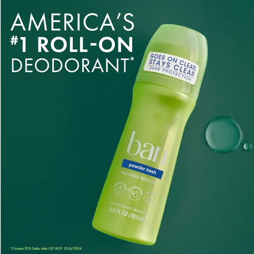 Vista 5 de Ban Desodorante Antitranspirante Roll-on Invisible para Mujeres y Hombres, Protección contra Olor y Sudor de Axilas por 24 Horas, Powder Fresh, 3.5