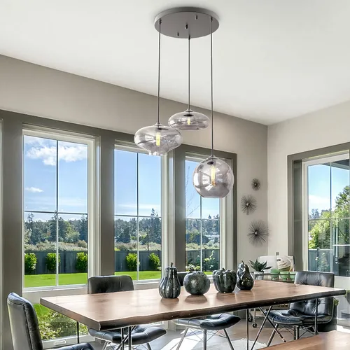 Vista 7 de Moderna Lámpara Colgante de 3 Luces de Vidrio en Tono Gris Ahumado con Globo de Cristal Clúster Lámpara de Techo de Estilo Nórdico con Múltiples
