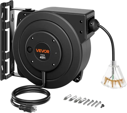 Vista 13 de VEVOR Carrete de cable de extensión retráctil de 25 pies resistente 14AWG