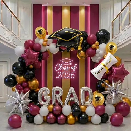 Vista 12 de Kit de arco de guirnalda de globos de graduación de 120 piezas con certificado de graduación, gorro de graduación, letra, globos de Mylar