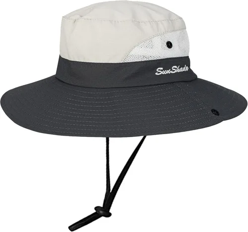 Vista 2 de Sombrero de pesca de playa de ala ancha para mujer, con protección UV, plegable, con agujero para cola de caballo