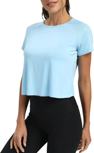 Vista 3 de Mippo - Camisetas de ejercicio para mujer, largo recortado, con espalda dividida, atléticas, para gimnasio, ejercicio, ajuste holgado