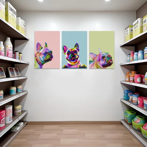 Vista 2 de 3 piezas de arte de pared en lienzo de bulldog francés, pintura de decoración de bulldog francés con marco interior de madera