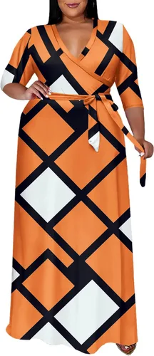 Vista 6 de Runwind Vestidos de Talla Grande para Mujeres Vestido Maxi Floral Suelto Manga 3/4 con Cinturón 01-Negro
