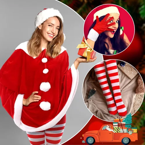 Vista 6 de Janmercy Conjunto de disfraz de Papá Noel, trajes de Navidad con vestido de terciopelocapa, medias altas hasta el muslo, guantes y sombrero de Santa