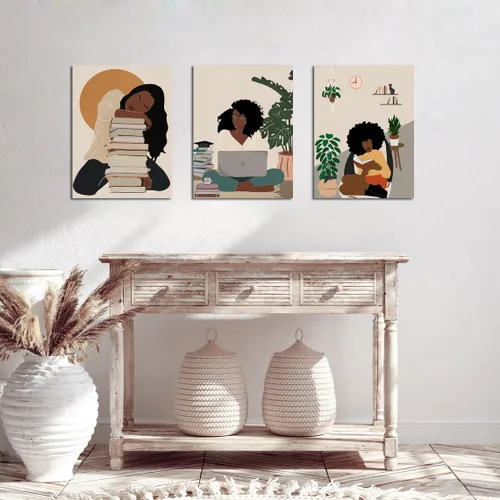 Vista 4 de Arte de pared bohemio afroamericano, decoración de pared de mujer negra, impresión en lienzo de niña negra, arte de lectura para mujer, decoración