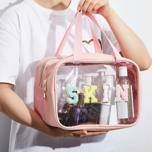 Vista 5 de Geetery Bolsa de maquillaje transparente de doble capa con parche de letras de chenilla, con asa práctica, organizador de cosméticos de nailon y PVC