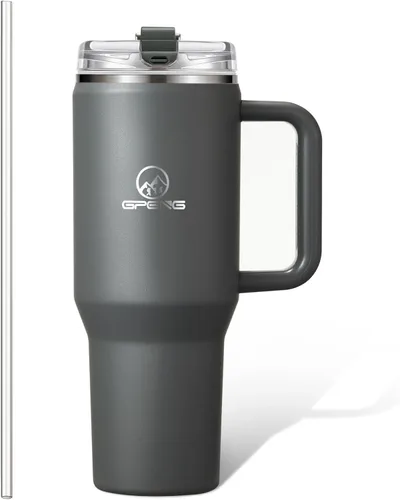Vista 15 de Gpeng 30/40/50 oz Vaso con asa, botellas de agua con tapa de popote, taza de viaje de acero inoxidable aislada compatible con portavasos, mantiene