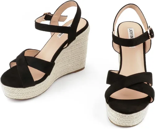 Vista 2 de JOY IN LOVE Alpargatas para mujer, sandalias de plataforma con tacón y correa al tobillo y hebilla