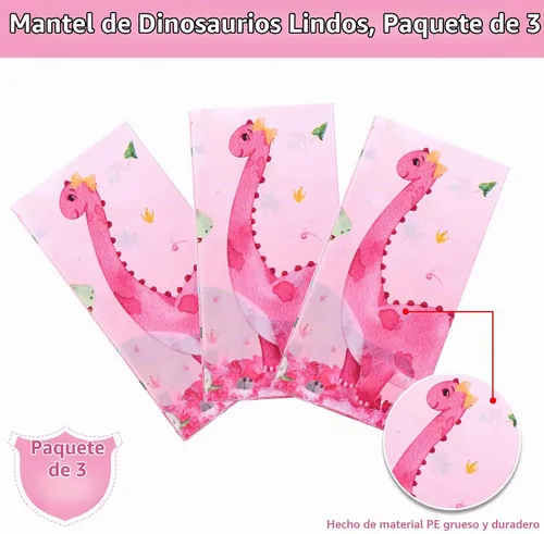 Vista 4 de Irenare 3 manteles de dinosaurio rosa para niñas, fundas de mesa rectangulares desechables de plástico con estampado de dinosaurios para niñas